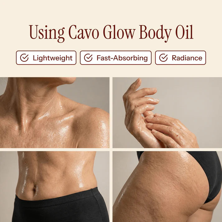 Cheemex Glow Body Oil applied to neck, hands, stomach and thigh