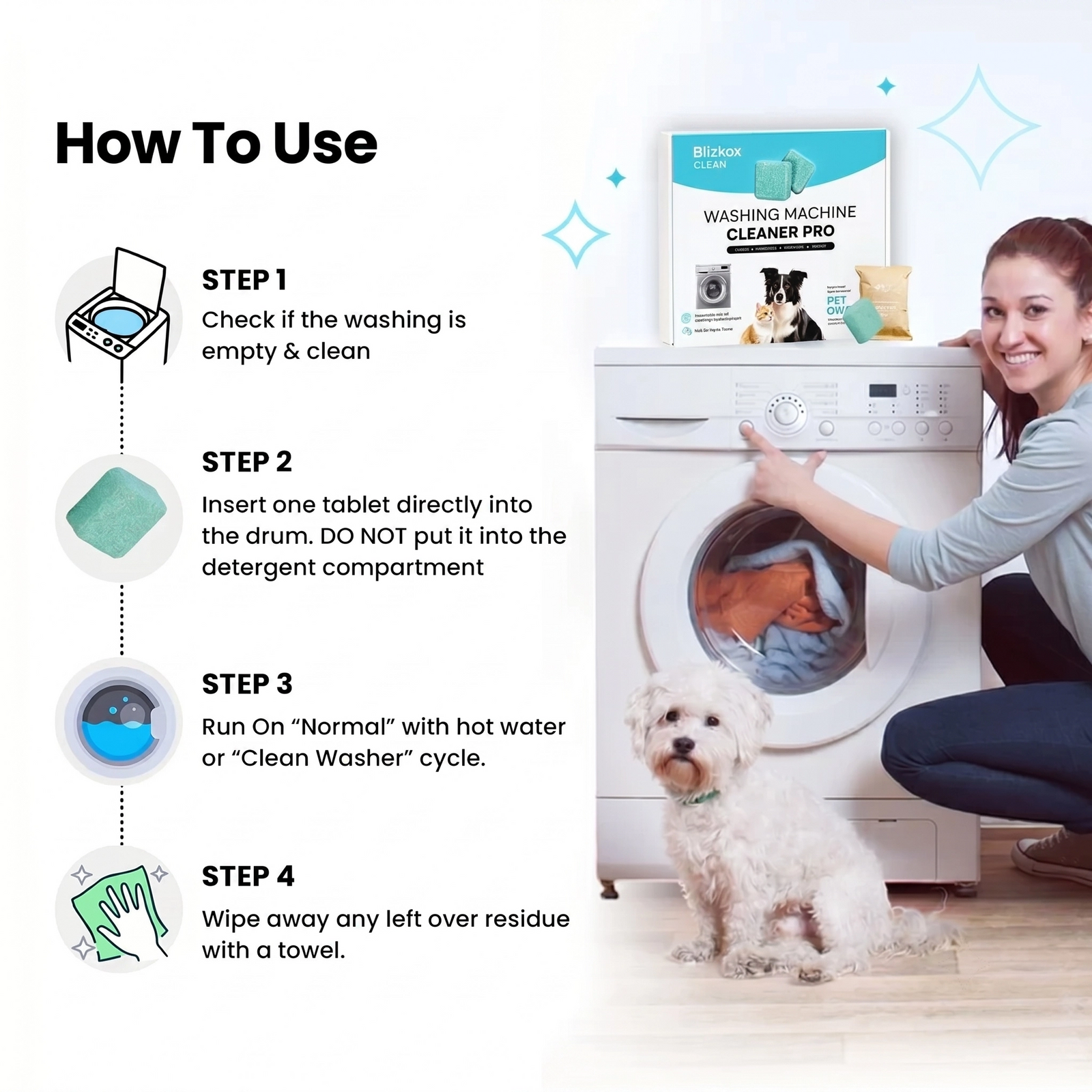 Four steps for using Washing Machine Cleaner Pro