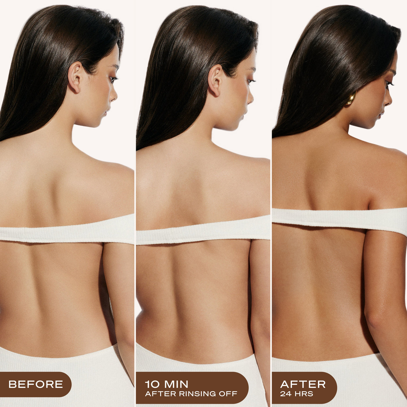 Before, after rinsing, and 24 hour self-tan results