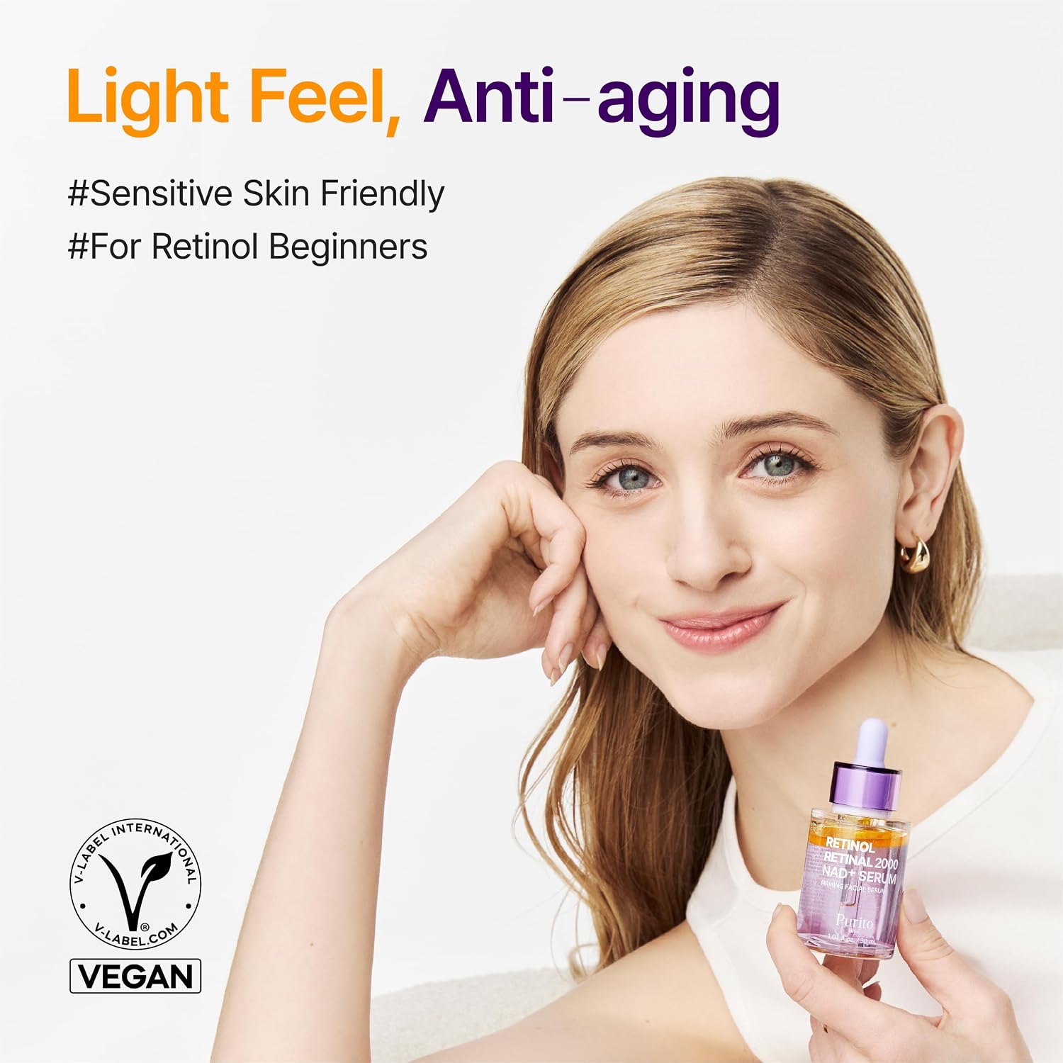 Model holding Purito Retinol Retinal 2000 NAD+ Serum with light feel anti-aging message
